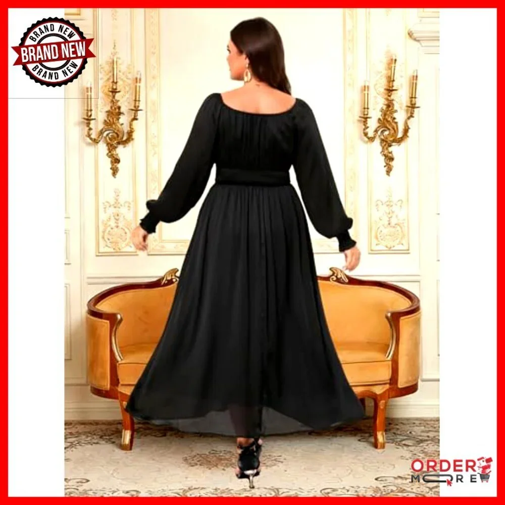 Plus Size Long Sleeve A-Line Dress Smocked Waist Elegant Wedding Guest Cocktail - Picture 5 of 7